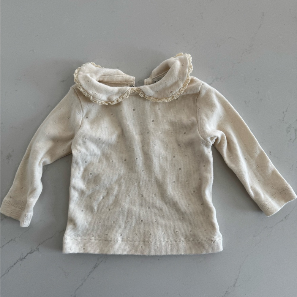 Pointelle cotton collar top with lace details, organic cotton, size 0-3M